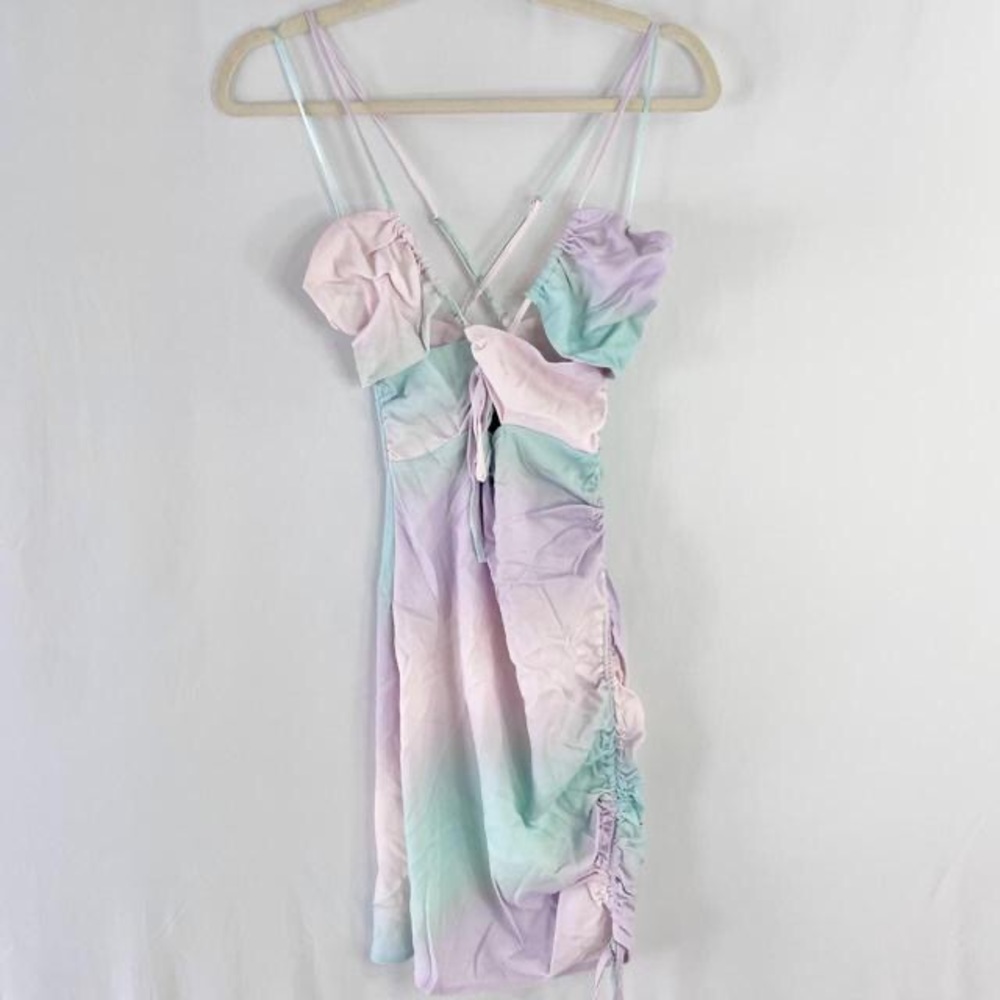 Zara Pastel Tie Dye Satin Dress Ruched cut out Mini dress